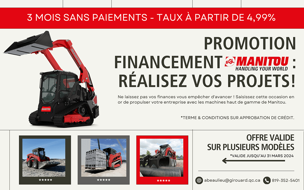 Girouard Équipement : 3 Mois Sans Paiements sur les Machines Manitou!